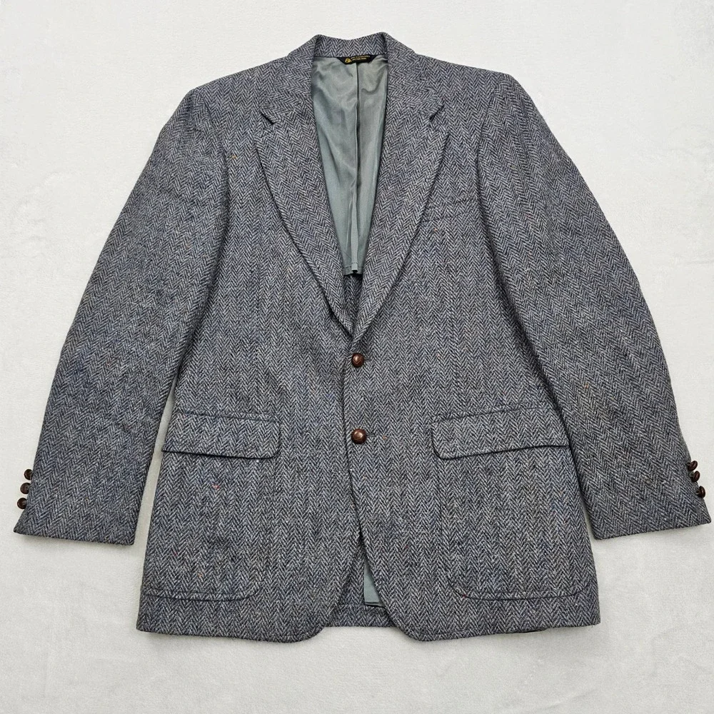 Club Room Harris Tweed Blazer Mens 40R Blue Gray Herringbone Wool Sport Coat Ivy